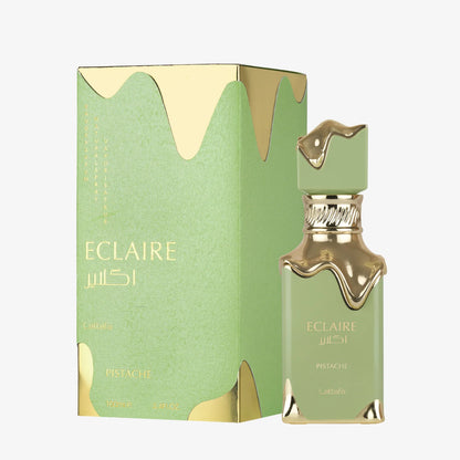 Lattafa Eclaire Pistache Eau de Parfum 100 ml bottle – creamy pistachio gourmand fragrance with cacao, coconut, vanilla, and milky musky base
