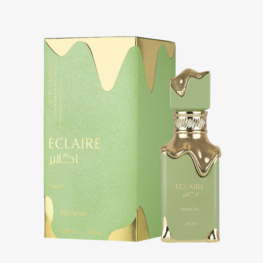 Lattafa Eclaire Pistache Eau de Parfum 100 ml bottle – creamy pistachio gourmand fragrance with cacao, coconut, vanilla, and milky musky base