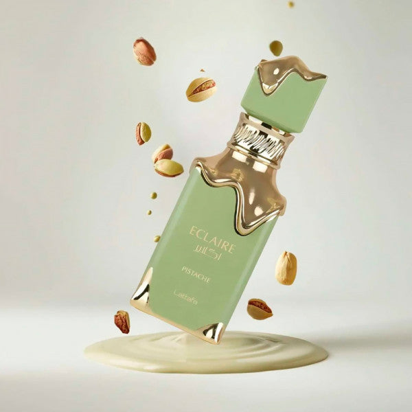Lattafa Eclaire Pistache Eau de Parfum 100 ml bottle – creamy pistachio gourmand fragrance with cacao, coconut, vanilla, and milky musky base