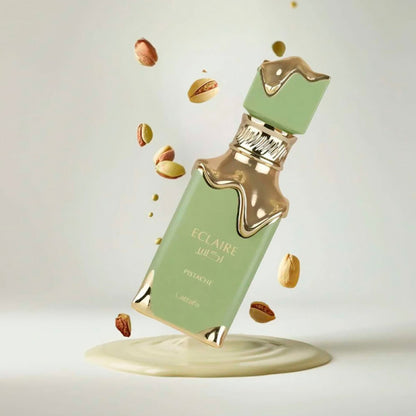 Lattafa Eclaire Pistache Eau de Parfum 100 ml bottle – creamy pistachio gourmand fragrance with cacao, coconut, vanilla, and milky musky base