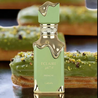 Lattafa Eclaire Pistache Eau de Parfum 100 ml bottle – creamy pistachio gourmand fragrance with cacao, coconut, vanilla, and milky musky base