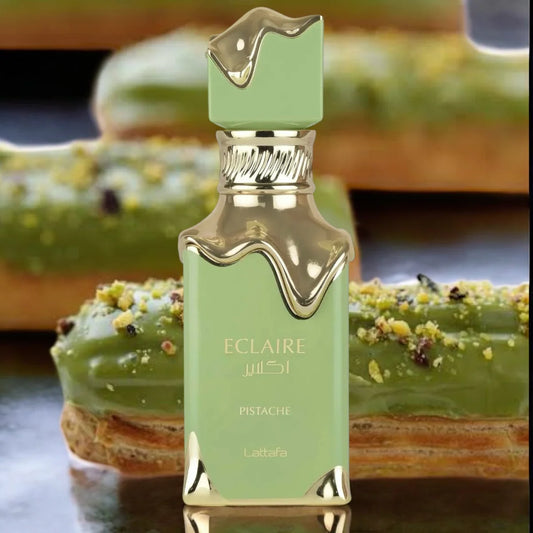 Lattafa Eclaire Pistache Eau de Parfum 100 ml bottle – creamy pistachio gourmand fragrance with cacao, coconut, vanilla, and milky musky base