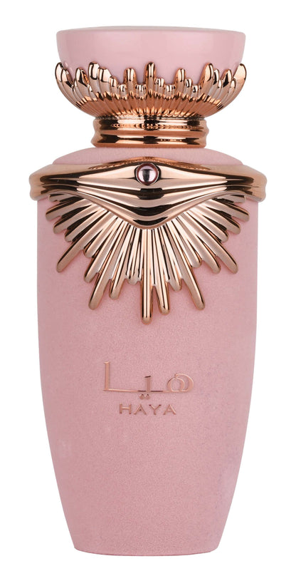 Lattafa Haya 100 ml bottle – sparkling fruity floral fragrance with champagne, vanilla, and musk base.