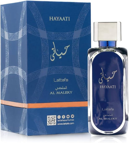 Lattafa Hayaati Al Maleky Eau de Parfum 100 ml bottle – fresh spicy woody fragrance with bergamot, incense, cedarwood, amber, and musky base