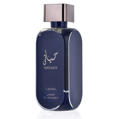 Lattafa Hayaati Al Maleky Eau de Parfum 100 ml bottle – fresh spicy woody fragrance with bergamot, incense, cedarwood, amber, and musky base