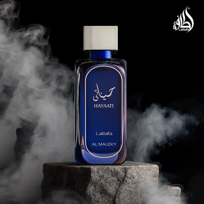 Lattafa Hayaati Al Maleky Eau de Parfum 100 ml bottle – fresh spicy woody fragrance with bergamot, incense, cedarwood, amber, and musky base