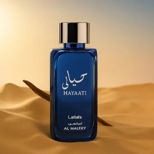 Lattafa Hayaati Al Maleky Eau de Parfum 100 ml bottle – fresh spicy woody fragrance with bergamot, incense, cedarwood, amber, and musky base