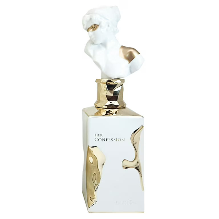 Lattafa Her Confession Eau de Parfum 100 ml bottle – warm floral gourmand fragrance with vanilla, cinnamon, white florals, and musky tonka base