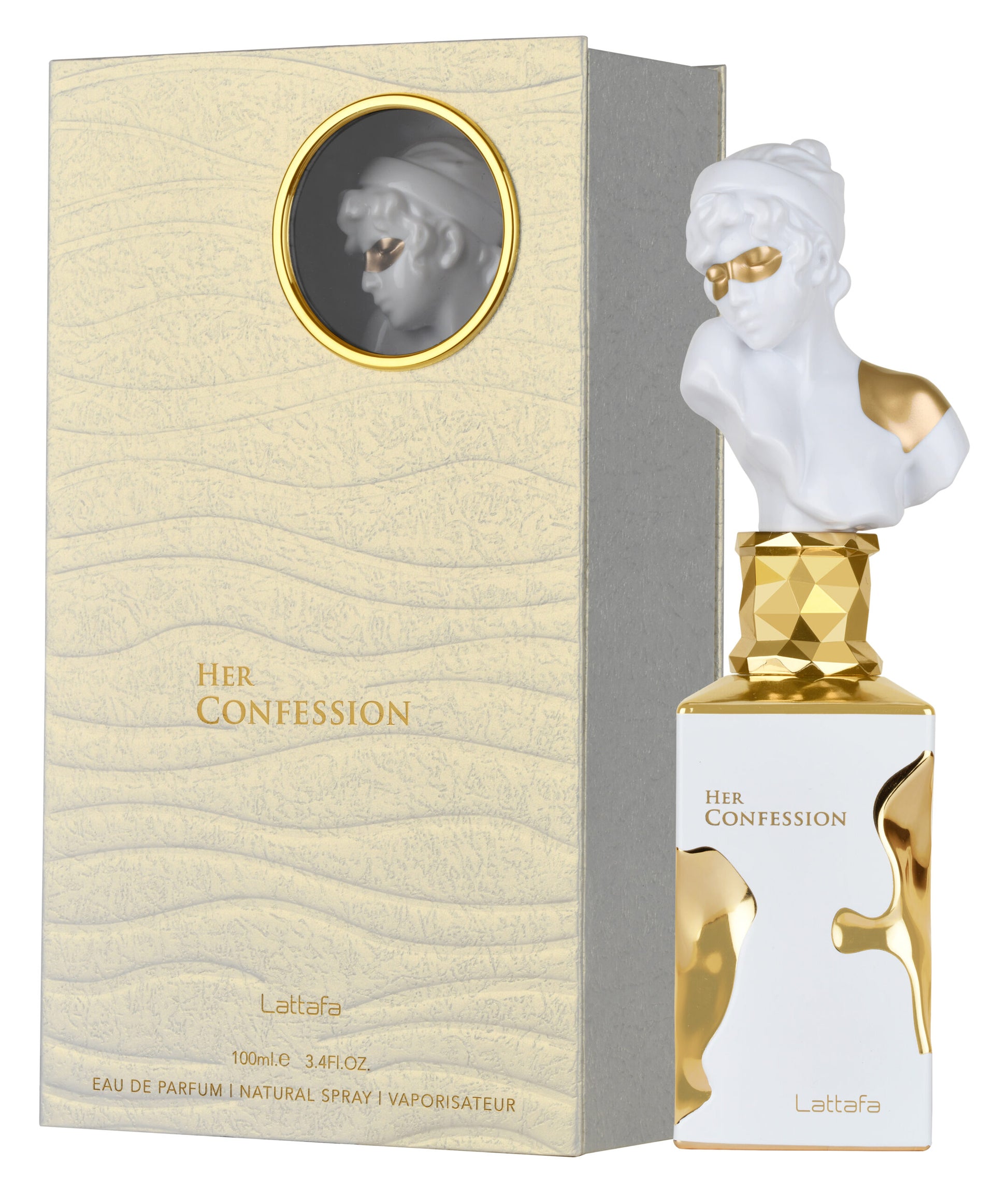 Lattafa Her Confession Eau de Parfum 100 ml bottle – warm floral gourmand fragrance with vanilla, cinnamon, white florals, and musky tonka base
