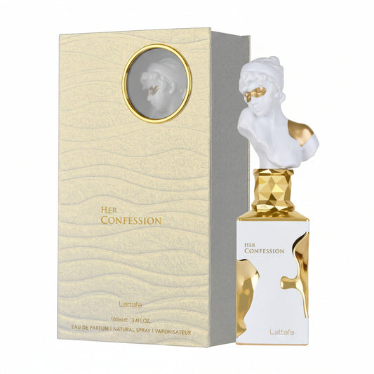 Lattafa Her Confession Eau de Parfum 100 ml bottle – warm floral gourmand fragrance with vanilla, cinnamon, white florals, and musky tonka base