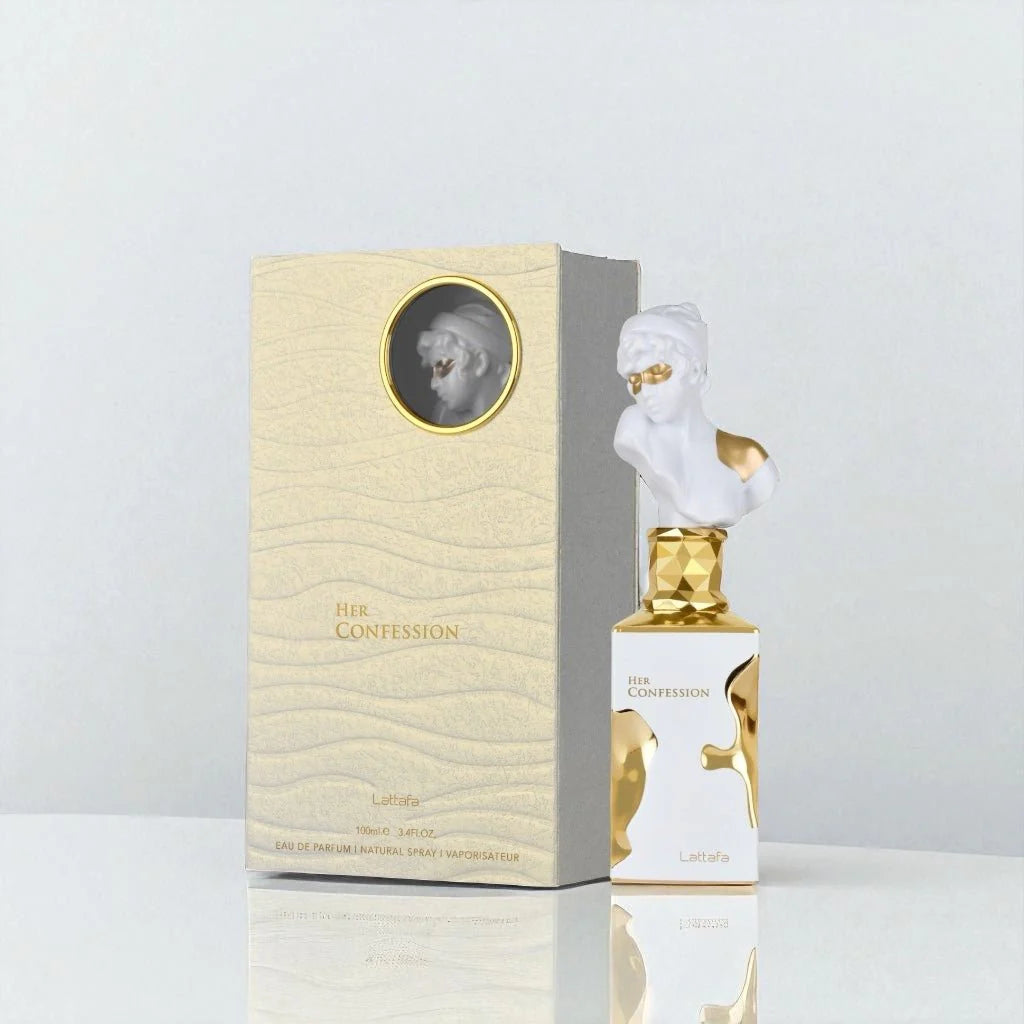 Lattafa Her Confession Eau de Parfum 100 ml bottle – warm floral gourmand fragrance with vanilla, cinnamon, white florals, and musky tonka base