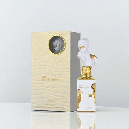 Lattafa Her Confession Eau de Parfum 100 ml bottle – warm floral gourmand fragrance with vanilla, cinnamon, white florals, and musky tonka base