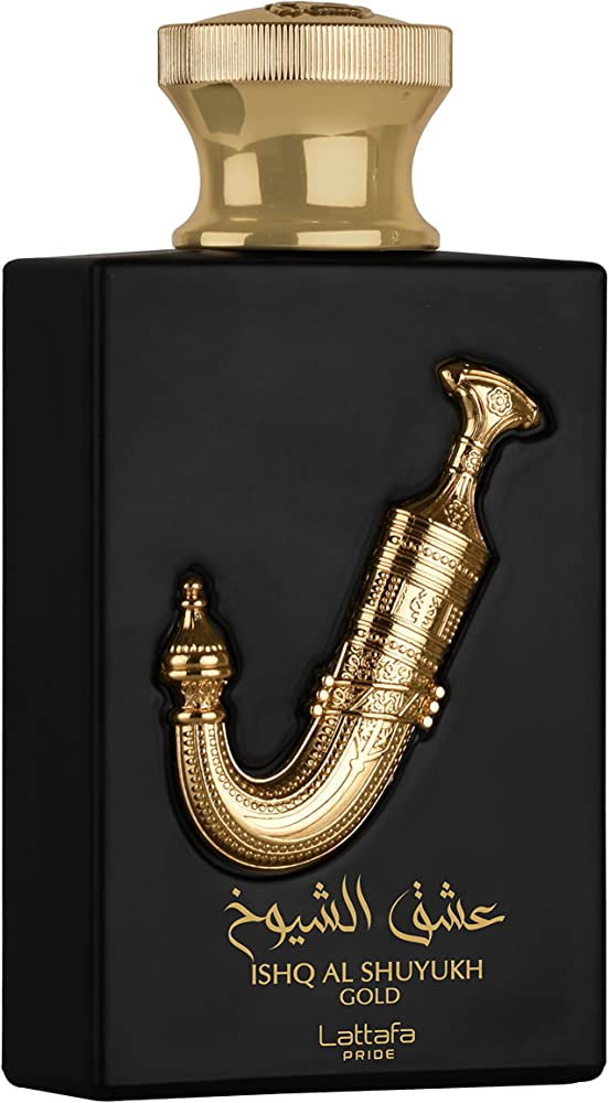 Lattafa Ishq Al Shuyukh Gold Eau de Parfum 100 ml bottle – caramel vanilla gourmand fragrance with warm amber and musky woody base