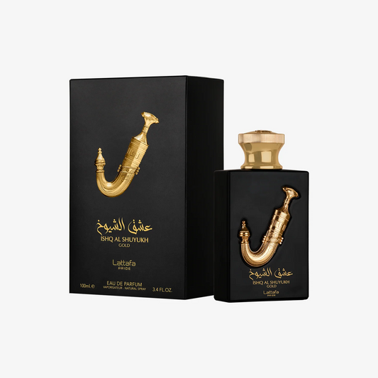 Lattafa Ishq Al Shuyukh Gold Eau de Parfum 100 ml bottle – caramel vanilla gourmand fragrance with warm amber and musky woody base