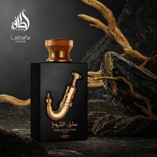 Lattafa Ishq Al Shuyukh Gold Eau de Parfum 100 ml bottle – caramel vanilla gourmand fragrance with warm amber and musky woody base