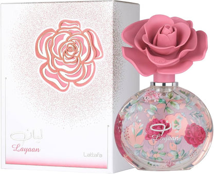 Lattafa Layaan Eau de Parfum 75 ml bottle – fruity floral fragrance with creamy vanilla and smooth musky base