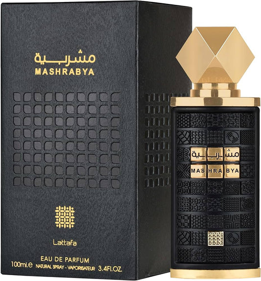 Lattafa Mashrabya Eau de Parfum 100 ml bottle – smoky oud fragrance with sweet amber and resinous woody base.
