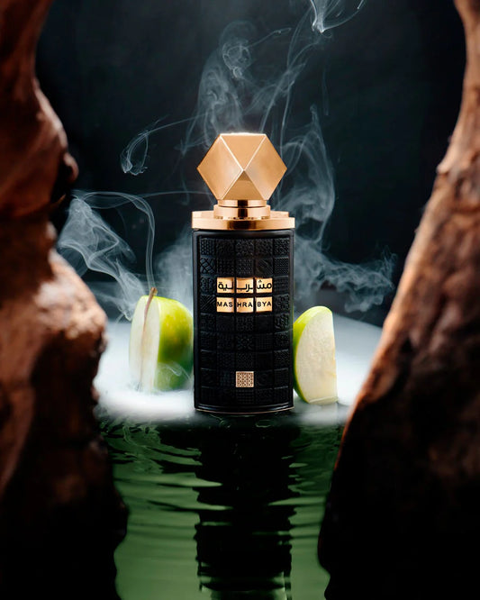 Lattafa Mashrabya Eau de Parfum 100 ml bottle – smoky oud fragrance with sweet amber and resinous woody base.