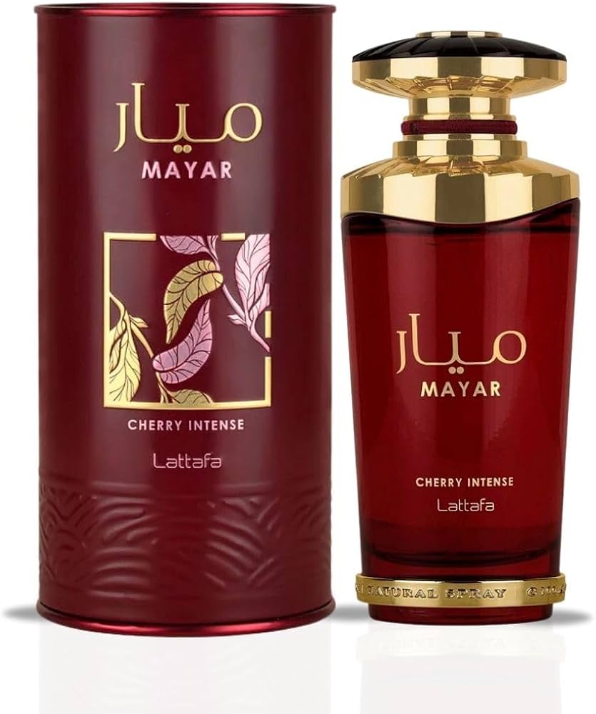 Lattafa Mayar Cherry Intense 100 ml (3.4 oz) bottle – deep cherry and red fruits with soft floral amber musk woody base.