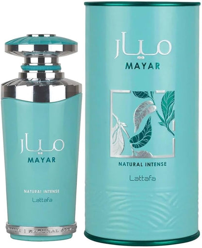 Lattafa Mayar Natural Intense 100 ml (3.4 oz) bottle – fresh green fruity fig-watermelon aura over soft woody amber musk base.