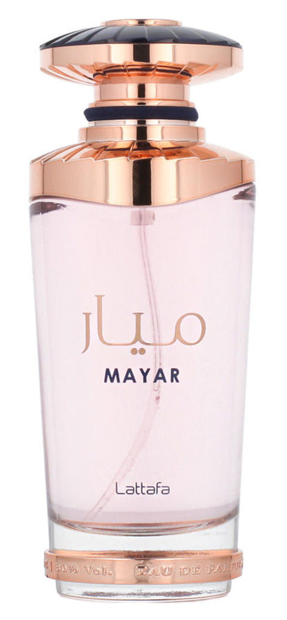 Lattafa Mayar Women 100 ml (3.4 oz) bottle – sweet berries white floral top over a clean musky amber fresh base.