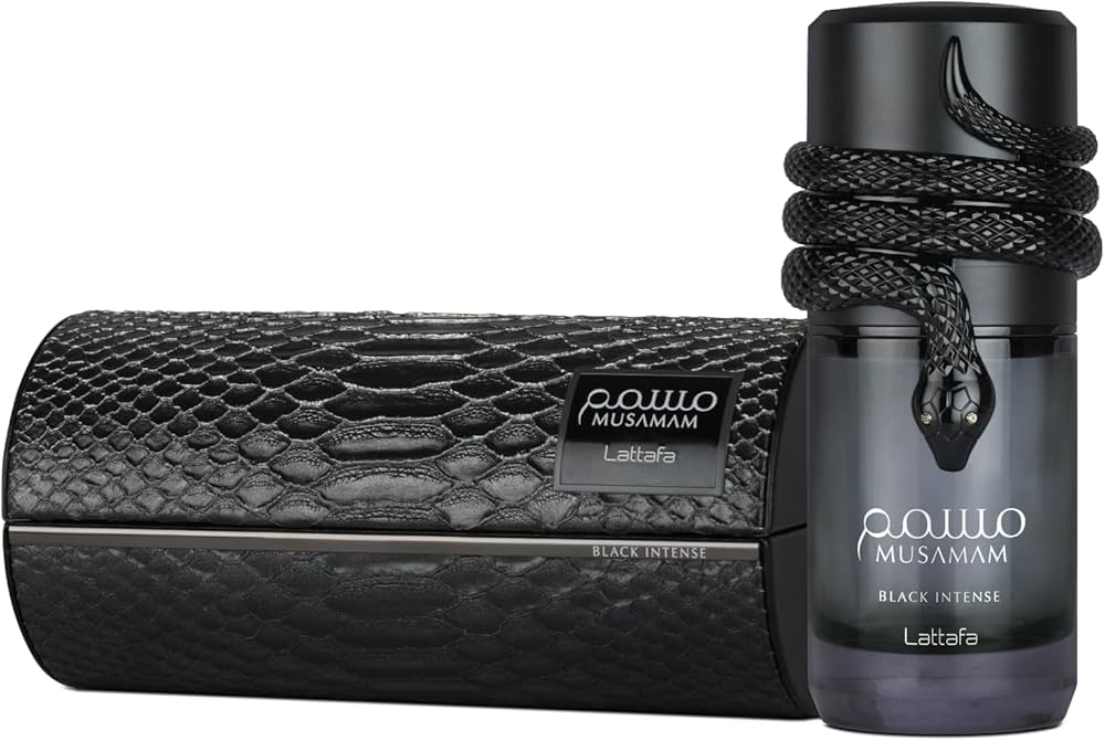 Lattafa Musamam Black Intense Eau de Parfum 100 ml bottle – woody aromatic amber fragrance with lavender, cedarwood, tonka bean, and creamy amber woody base