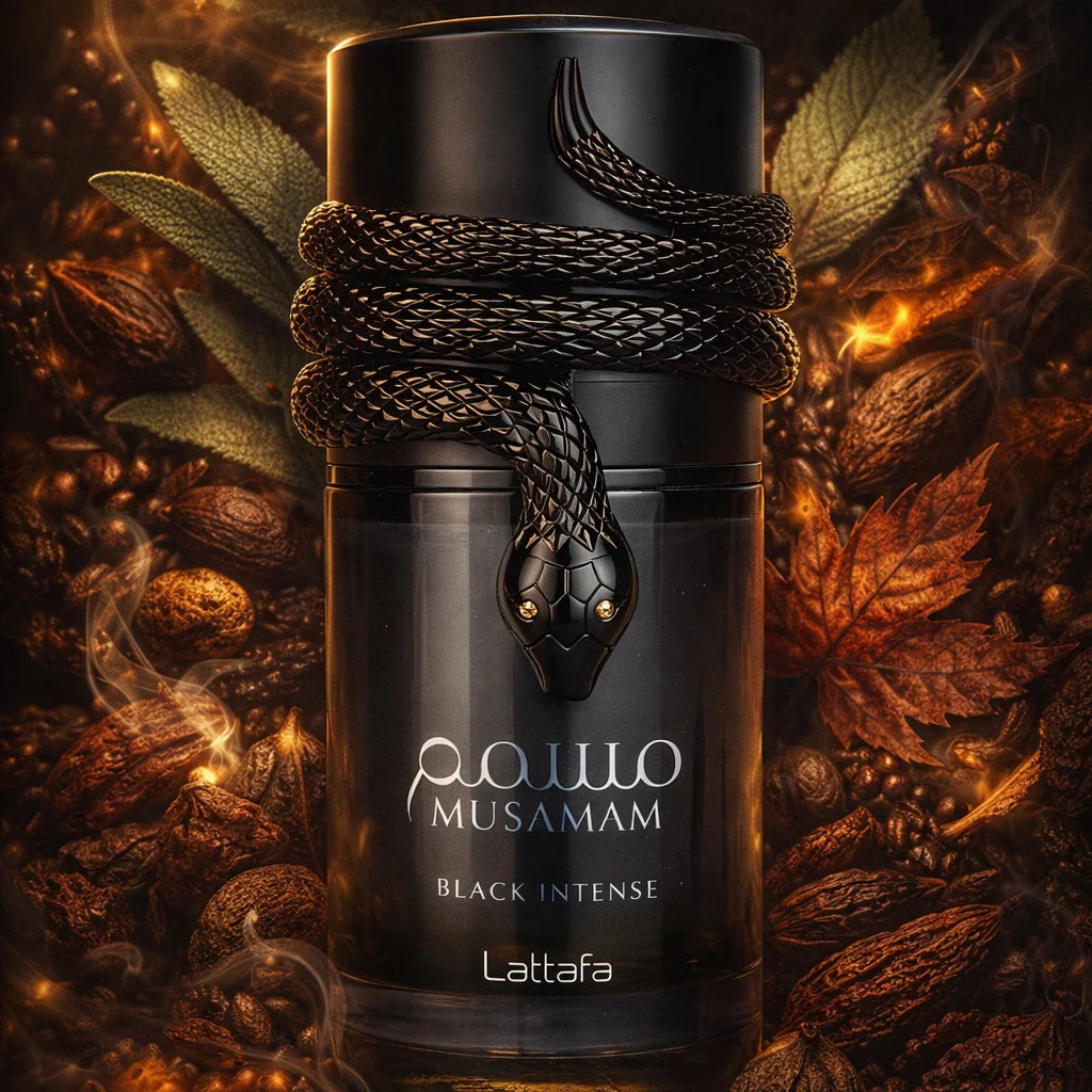 Lattafa Musamam Black Intense Eau de Parfum 100 ml bottle – woody aromatic amber fragrance with lavender, cedarwood, tonka bean, and creamy amber woody base