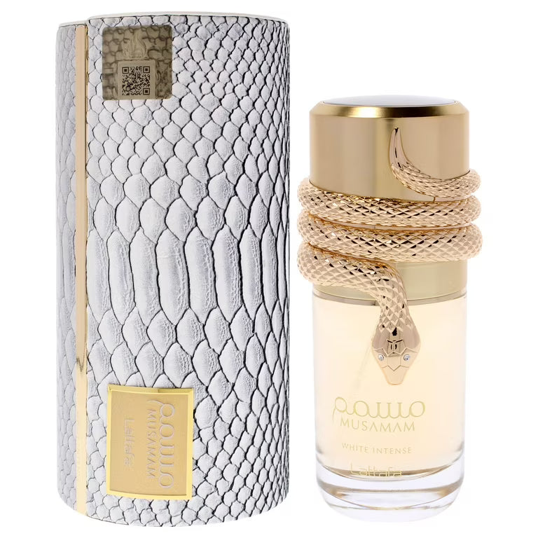 Lattafa Musamam White Intense Eau de Parfum 100 ml bottle – fresh woody musk fragrance with coconut, sandalwood, benzoin, and citrus notes