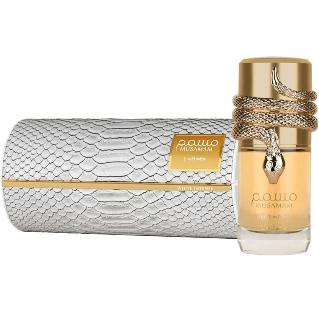 Lattafa Musamam White Intense Eau de Parfum 100 ml bottle – fresh woody musk fragrance with coconut, sandalwood, benzoin, and citrus notes