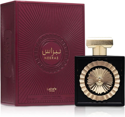 Lattafa Nebras Eau de Parfum 100 ml bottle – sweet gourmand fragrance with red berries, vanilla chocolate, and warm amber base