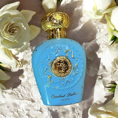 Lattafa Opulent Dubai 100 ml bottle – spicy amber fragrance with oud, vanilla, and woody musk base.