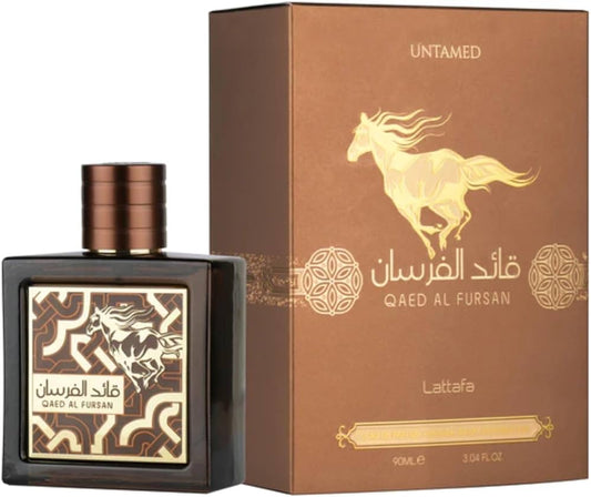 Lattafa Qaed Al Fursan Untamed 100 ml bottle – smoky woody fragrance with spiced amber and oud musk base.