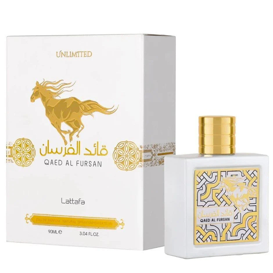 Lattafa Qaed Al Fursan Unlimited 100 ml bottle – pineapple coconut tropical fragrance with vanilla musk base.