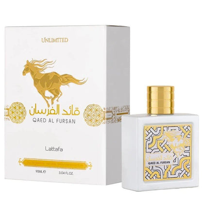 Lattafa Qaed Al Fursan Unlimited 100 ml bottle – pineapple coconut tropical fragrance with vanilla musk base.