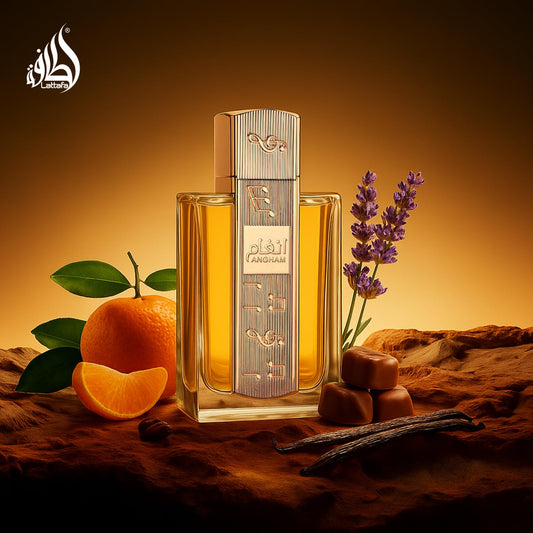 Lattafa Angham Eau de Parfum 100 ml bottle – warm vanilla gourmand fragrance with praline, cacao, amber, and musky sandalwood base