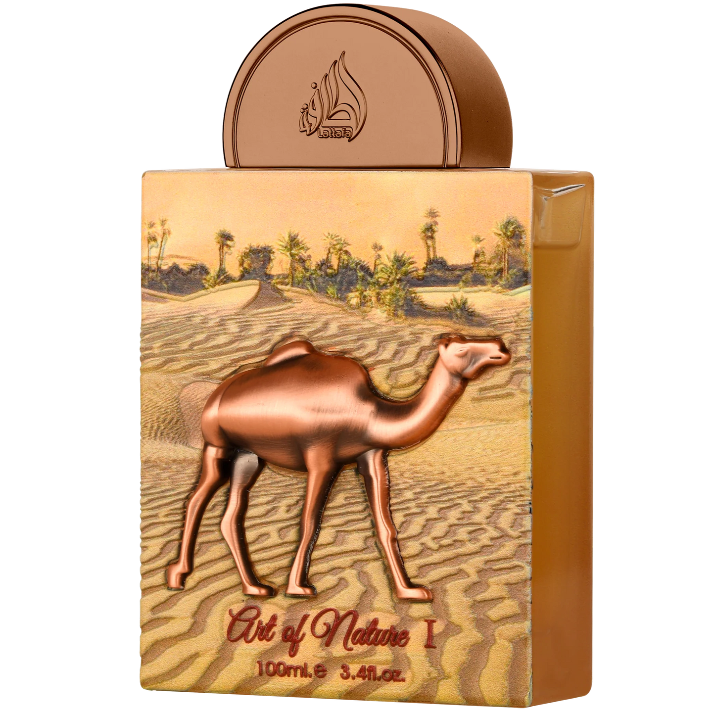 Perfume bottle with camel design and desert landscape on a white background
