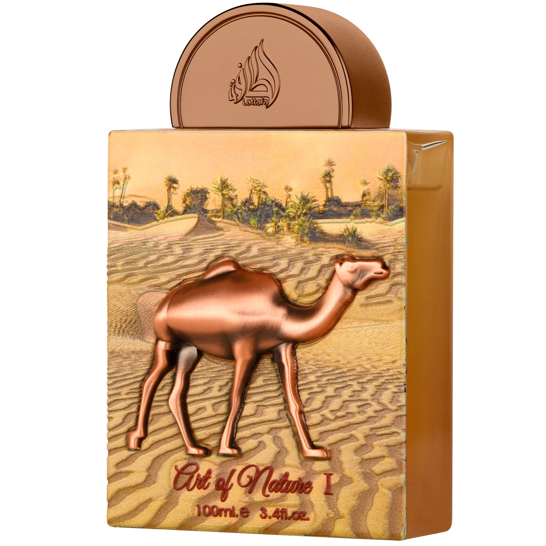 Perfume bottle with camel design and desert landscape on a white background