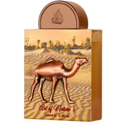 Perfume bottle with camel design and desert landscape on a white background