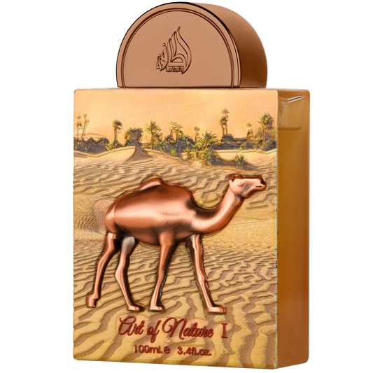 Perfume bottle with camel design and desert landscape on a white background