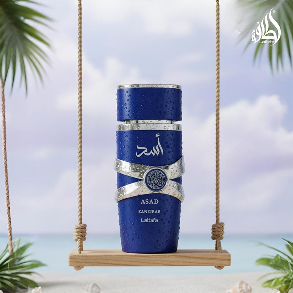 Lattafa Asad Zanzibar Eau de Parfum 100 ml bottle – tropical spicy woody fragrance with coconut water, vanilla, incense, and aromatic lavender base