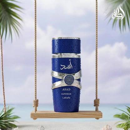 Lattafa Asad Zanzibar Eau de Parfum 100 ml bottle – tropical spicy woody fragrance with coconut water, vanilla, incense, and aromatic lavender base