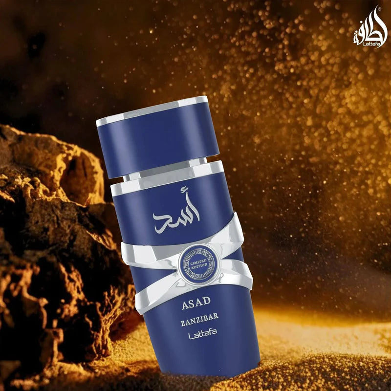 Lattafa Asad Zanzibar Eau de Parfum 100 ml bottle – tropical spicy woody fragrance with coconut water, vanilla, incense, and aromatic lavender base
