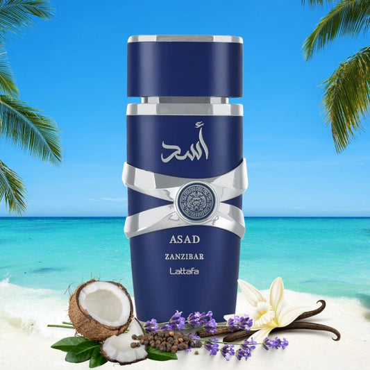 Lattafa Asad Zanzibar Eau de Parfum 100 ml bottle – tropical spicy woody fragrance with coconut water, vanilla, incense, and aromatic lavender base