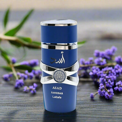 Lattafa Asad Zanzibar Eau de Parfum 100 ml bottle – tropical spicy woody fragrance with coconut water, vanilla, incense, and aromatic lavender base