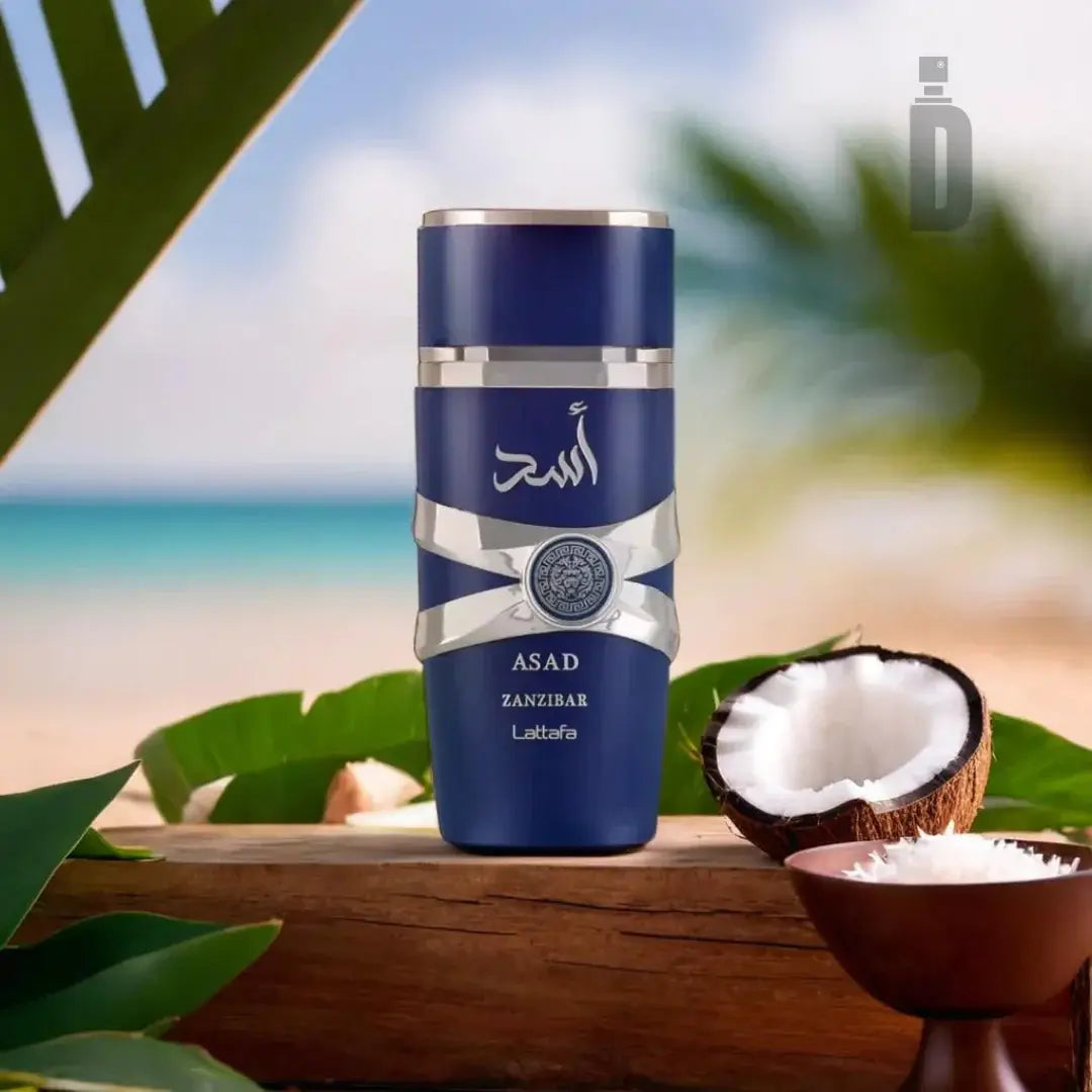 Lattafa Asad Zanzibar Eau de Parfum 100 ml bottle – tropical spicy woody fragrance with coconut water, vanilla, incense, and aromatic lavender base
