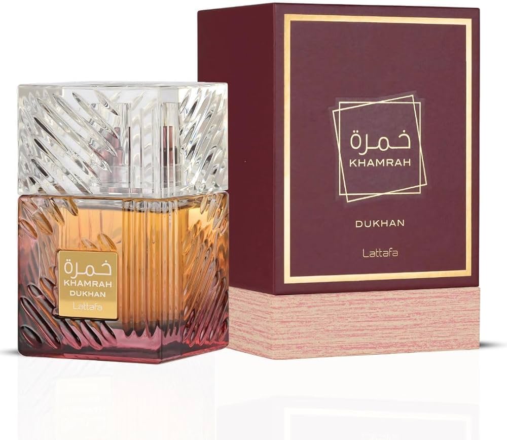 Lattafa Khamrah Dukhan 100 ml bottle – smoky cinnamon gourmand fragrance with oud, vanilla, and amber woods.