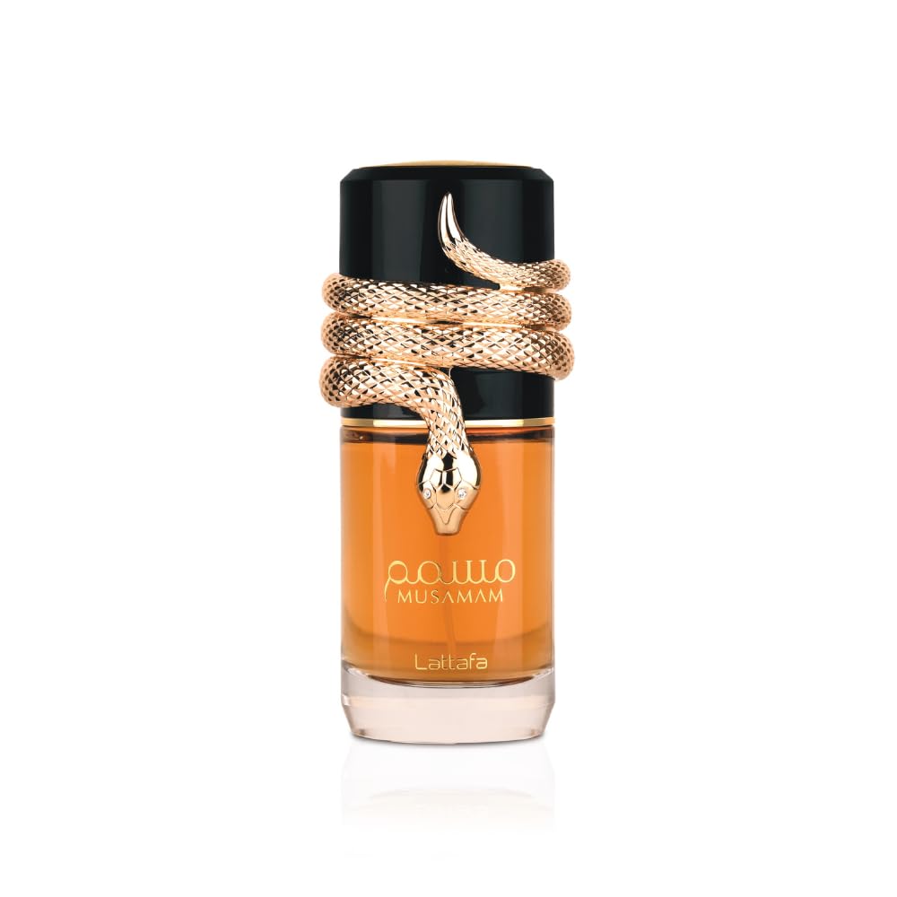 Lattafa Musamam Eau de Parfum 100 ml bottle – woody spicy amber fragrance with saffron, incense, cedarwood, and resinous amber base