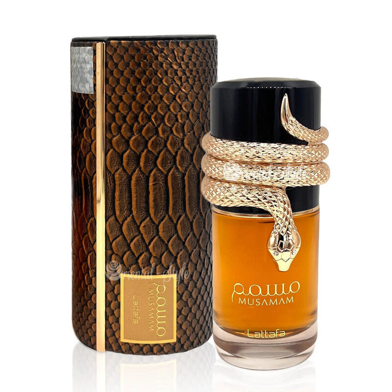 Lattafa Musamam Eau de Parfum 100 ml bottle – woody spicy amber fragrance with saffron, incense, cedarwood, and resinous amber base