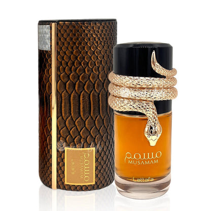 Lattafa Musamam Eau de Parfum 100 ml bottle – woody spicy amber fragrance with saffron, incense, cedarwood, and resinous amber base