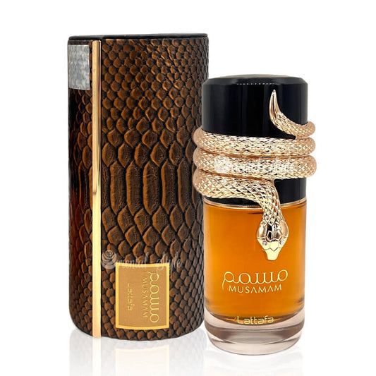 Lattafa Musamam Eau de Parfum 100 ml bottle – woody spicy amber fragrance with saffron, incense, cedarwood, and resinous amber base
